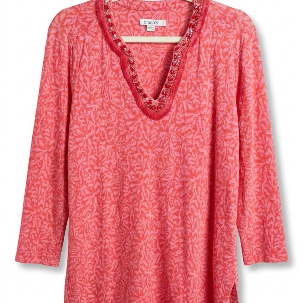 Chico's Coral Pink V-Neck Beaded Tunic